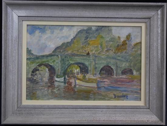 Ronald Dunlop (1894-1973) Figure on a stone bridge, 10 x 15in.